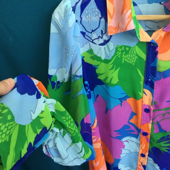 Shein Colorful Artsy Oversize Button Up Blouse Boho Chiffon Sheer Disco - Picture 3 of 13